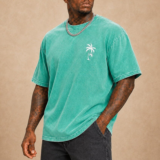 Men's Palm Tree Minimal Print Short Sleeve Acid-Wash T-Shirt