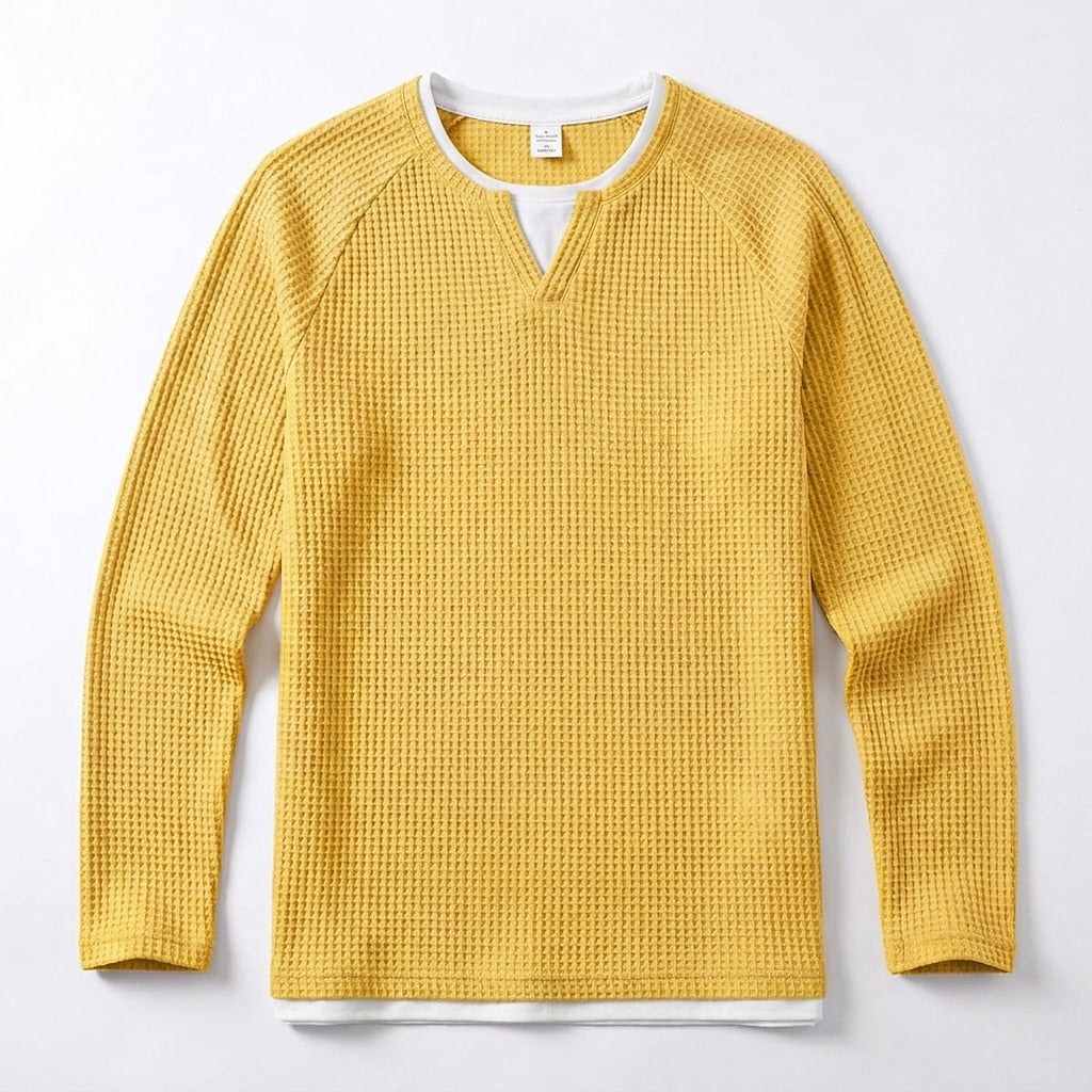 Layered Notch Neck Waffle Henley Long Sleeve T-Shirt