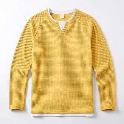 Layered Notch Neck Waffle Henley Long Sleeve T-Shirt
