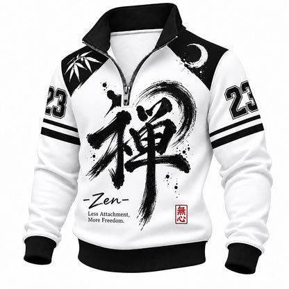 Men's Chinese Character Text Number Graphic Half-Zip Sweatshirt Black & White