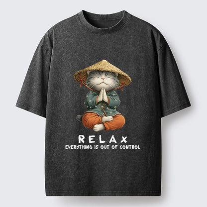 Japanese Style Meditating Cat Washed T-Shirt