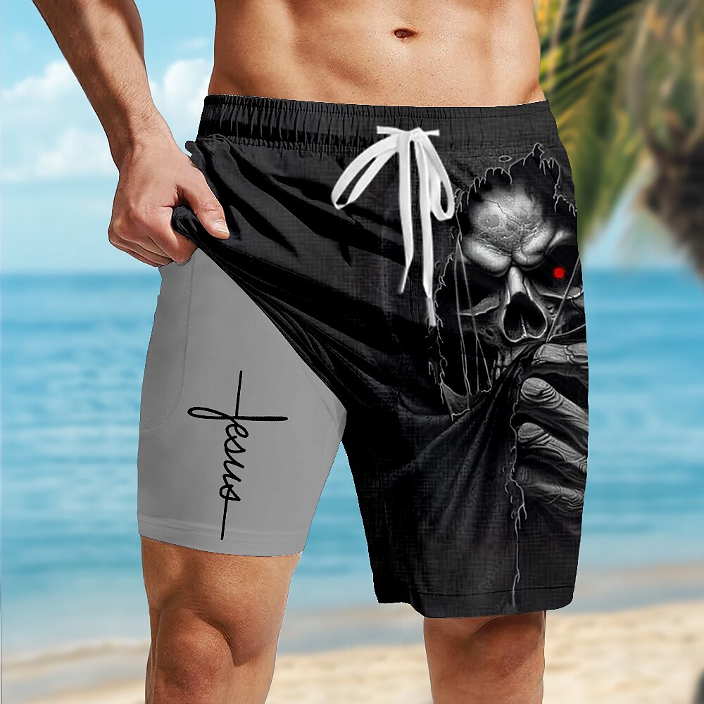 Men's Faith Cross Print Mid-Length Vintage Lined Board Shorts