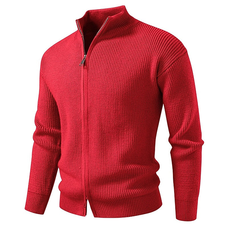 Vertical Rib Stand-Collar Zip Cardigan