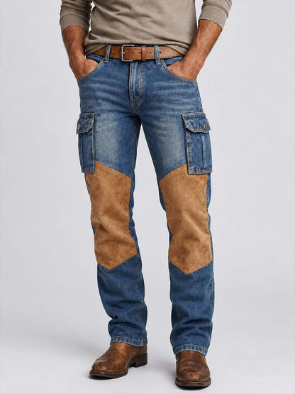 Contrast Panel Denim Cargo Pants