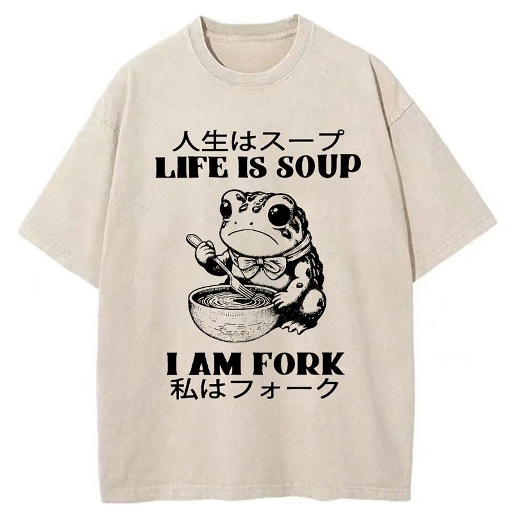 Japanese Style Life Is Soup Frog Washed T-Shirt