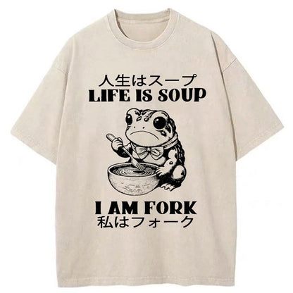 Japanese Style Life Is Soup Frog Washed T-Shirt