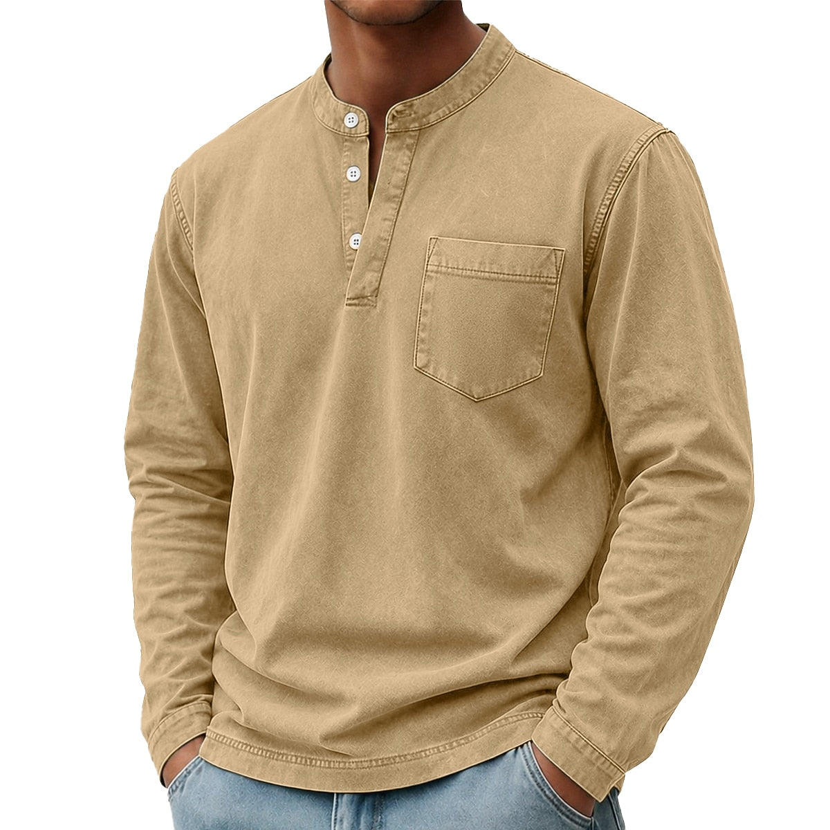 Washed Pocket Henley Long Sleeve T-Shirt