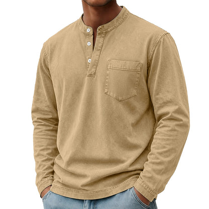 Washed Pocket Henley Long Sleeve T-Shirt
