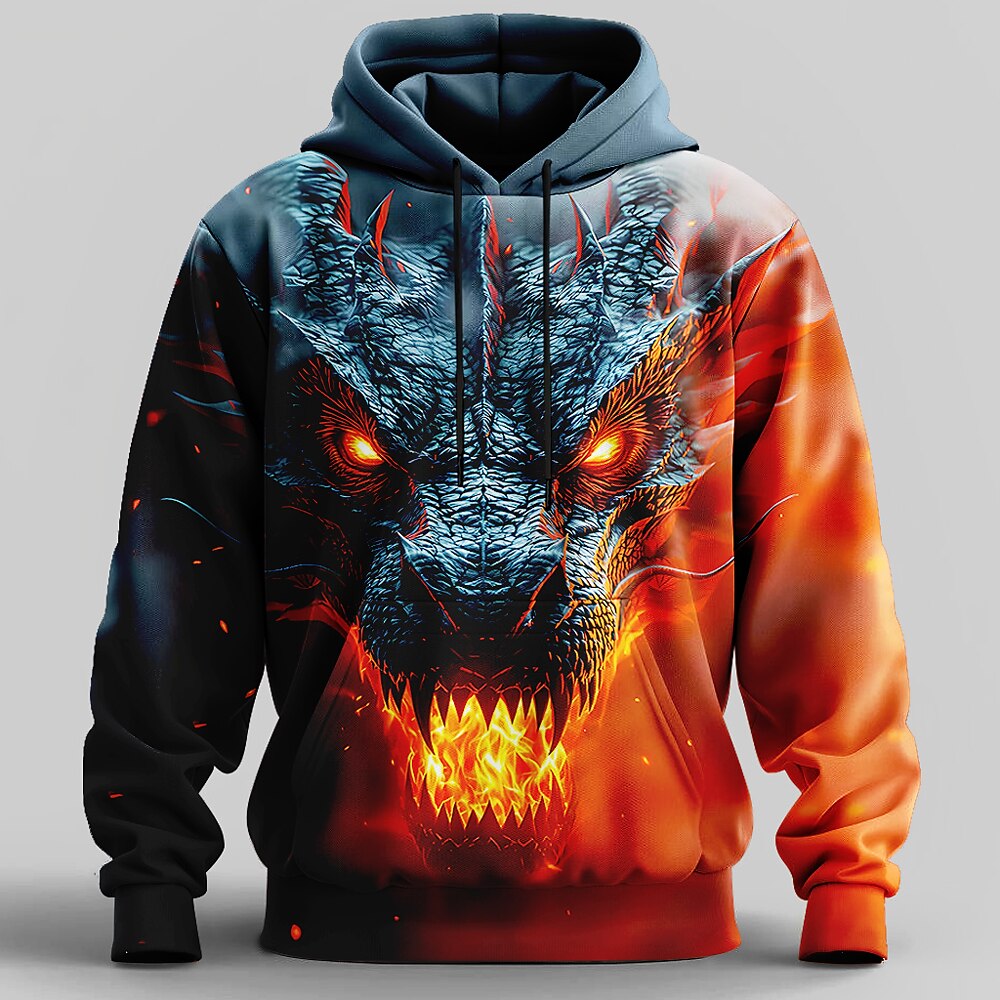 Men's Fire Dragon Print Long Sleeve Streetwear Pullover Hoodie