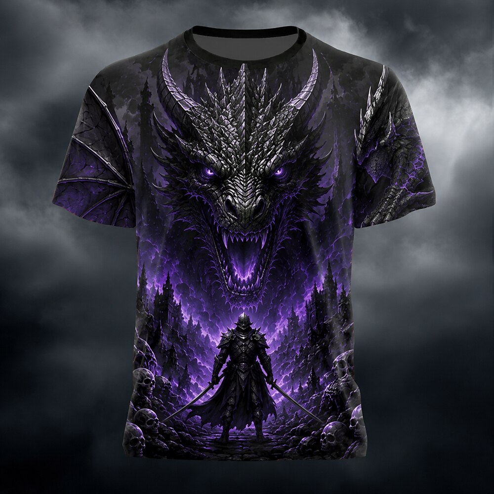Men's Fire Dragon Skull Print Short Sleeve Gothic T-Shirt