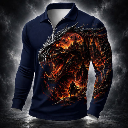 Halloween Men's Pumpkin Dragon Graphic Zip Polo