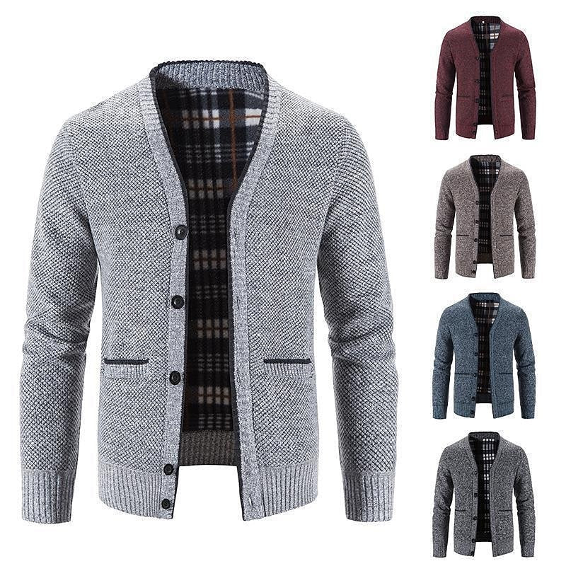 Plaid-Lined Welt Pocket Cardigan
