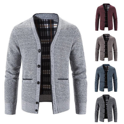 Plaid-Lined Welt Pocket Cardigan