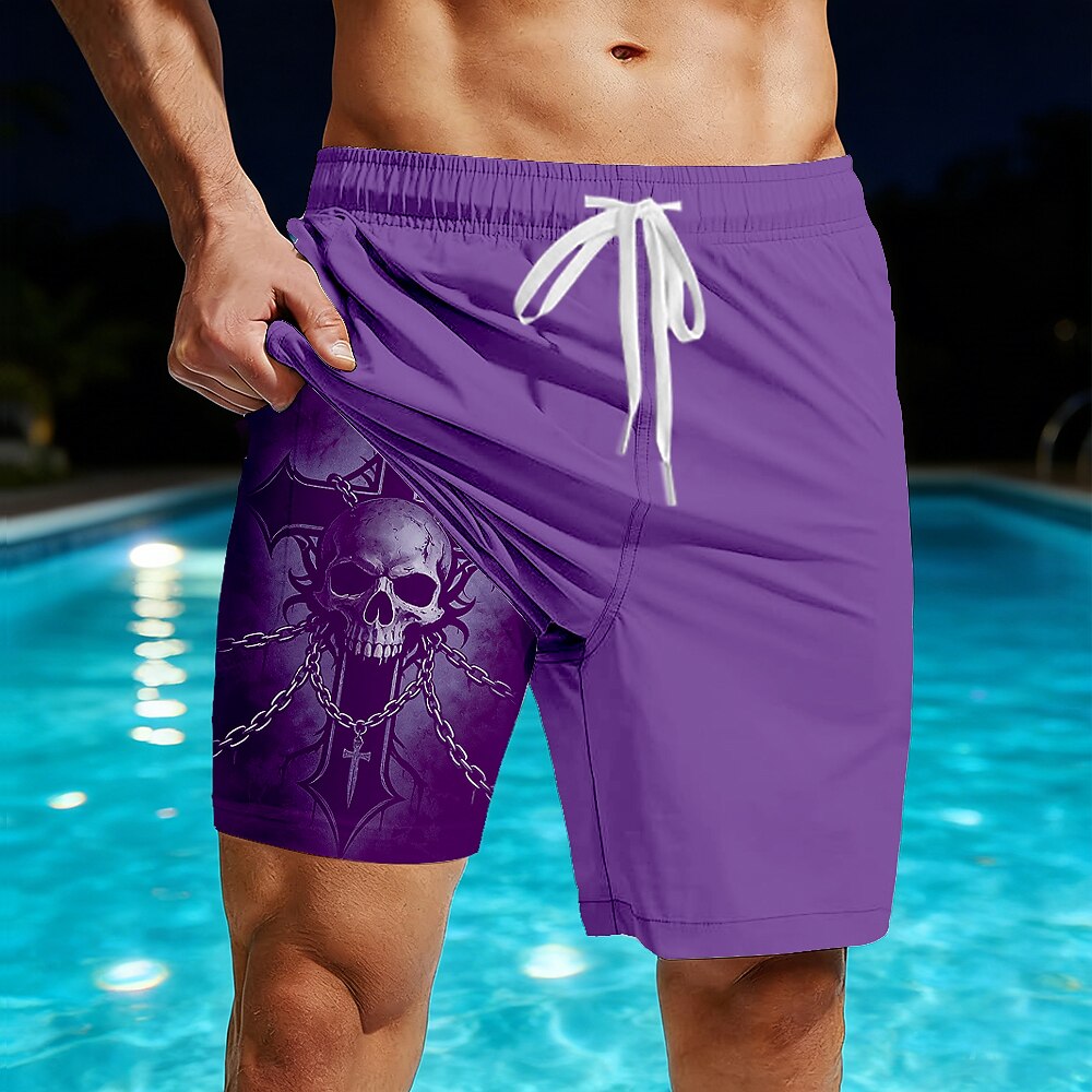 Men's Chained Skull Print Mid-Length Gothic Lined Board Shorts