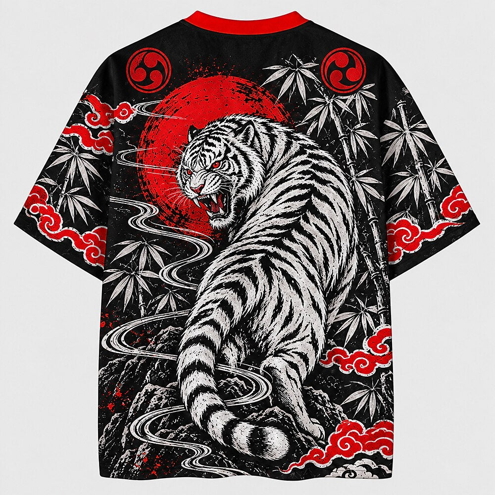 Men's Tiger Kanji Graphic V-Neck Sports Jersey