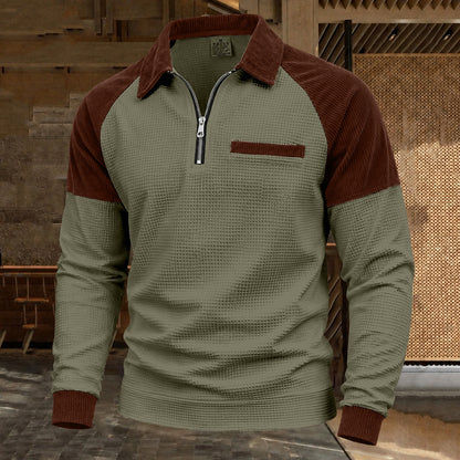 Contrast Shoulder Zip-Neck Waffle Polo