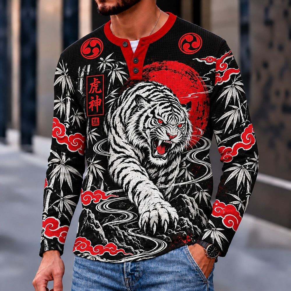 Red Sun Tiger Bamboo Henley Long Sleeve T-Shirt
