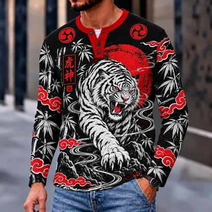 Red Sun Tiger Bamboo Henley Long Sleeve T-Shirt