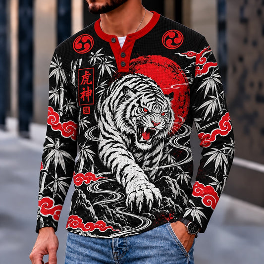 Red Sun Tiger Bamboo Henley Long Sleeve T-Shirt