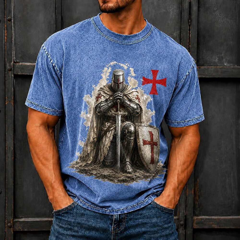 Men's Knights Templar Crusader Print Short Sleeve Vintage T-Shirt