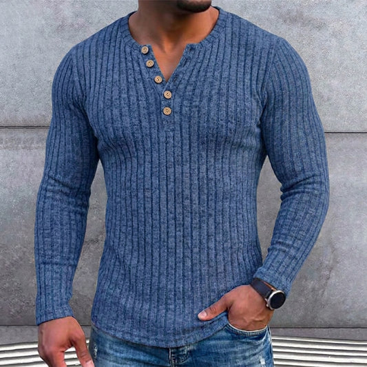 Ribbed Henley Long Sleeve T-Shirt