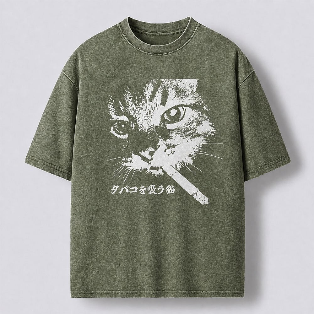 Men's Smoking Cat Graphic Washed Cotton T-Shirt