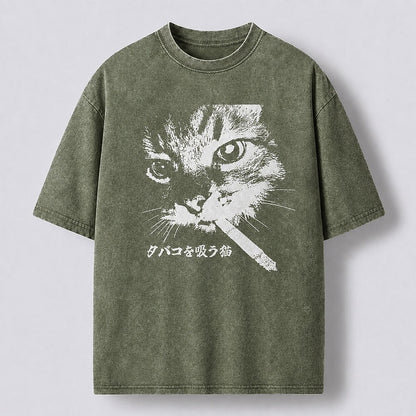 Men's Smoking Cat Graphic Washed Cotton T-Shirt