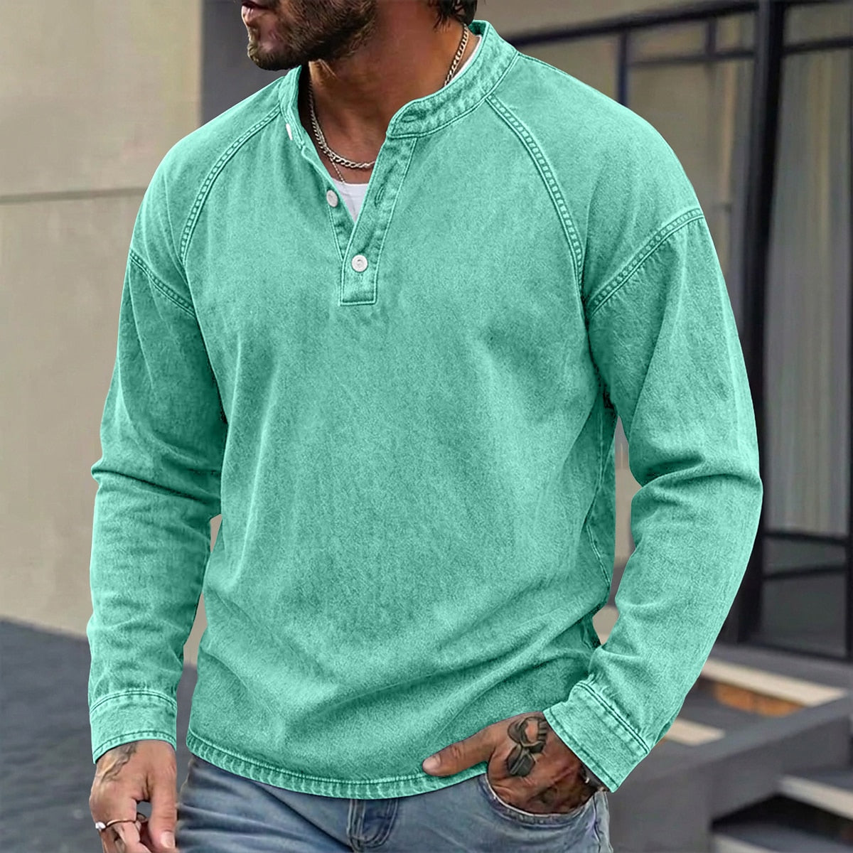 Washed Henley Long Sleeve T-Shirt
