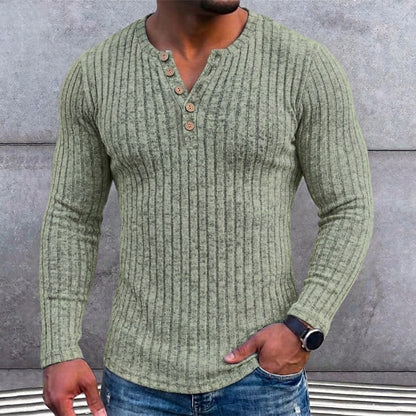 Ribbed Henley Long Sleeve T-Shirt