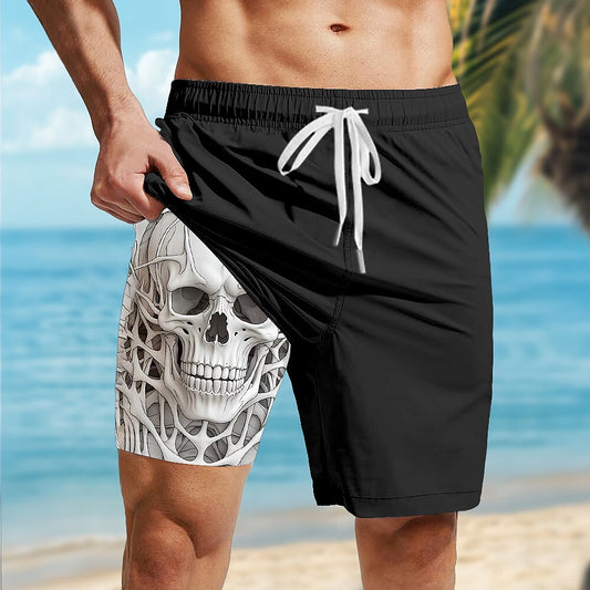 Men's White Skull Print Mid-Length Casual Lined Board Shorts