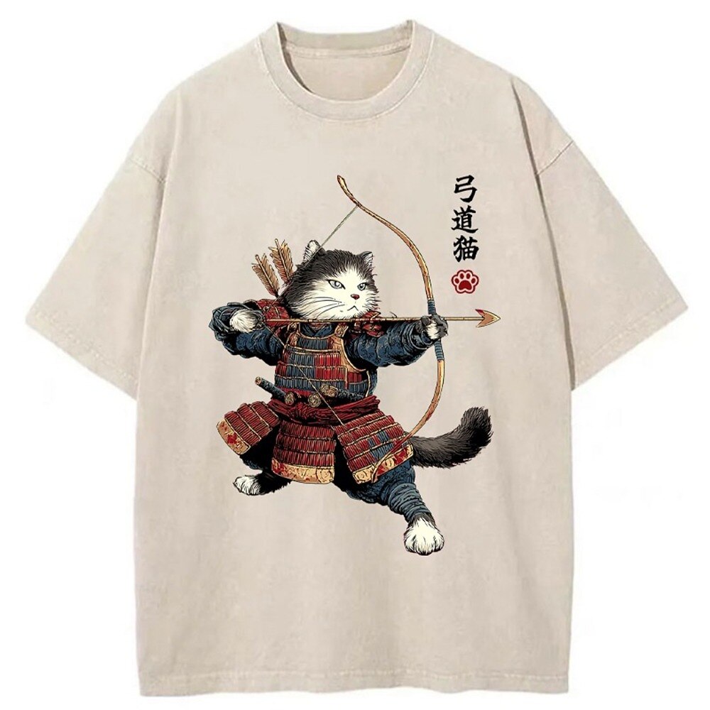 Japanese Style Samurai Cat Kyudo Washed T-Shirt
