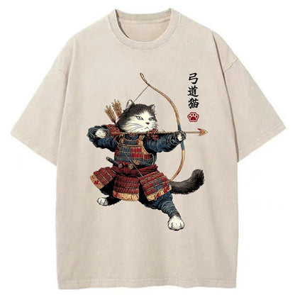 Japanese Style Samurai Cat Kyudo Washed T-Shirt