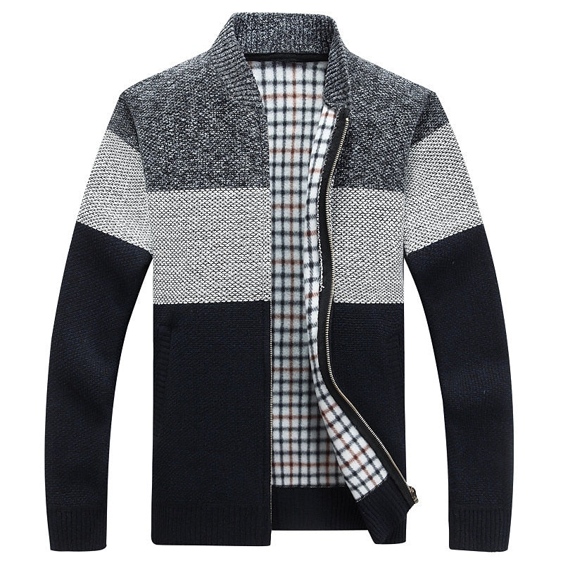 Three-Tone Plaid-Lined Zip Cardigan