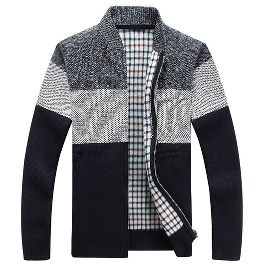 Three-Tone Plaid-Lined Zip Cardigan