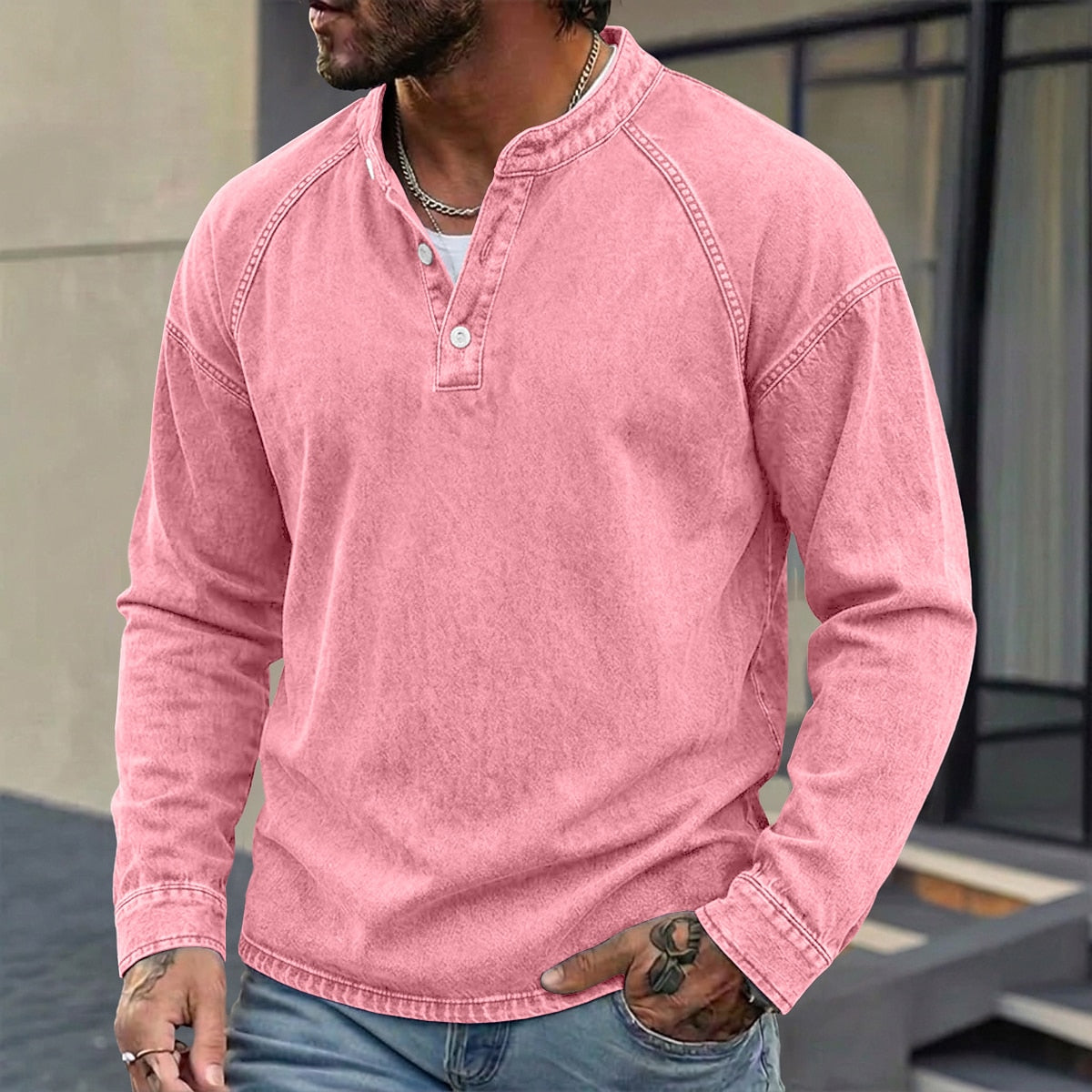 Washed Henley Long Sleeve T-Shirt