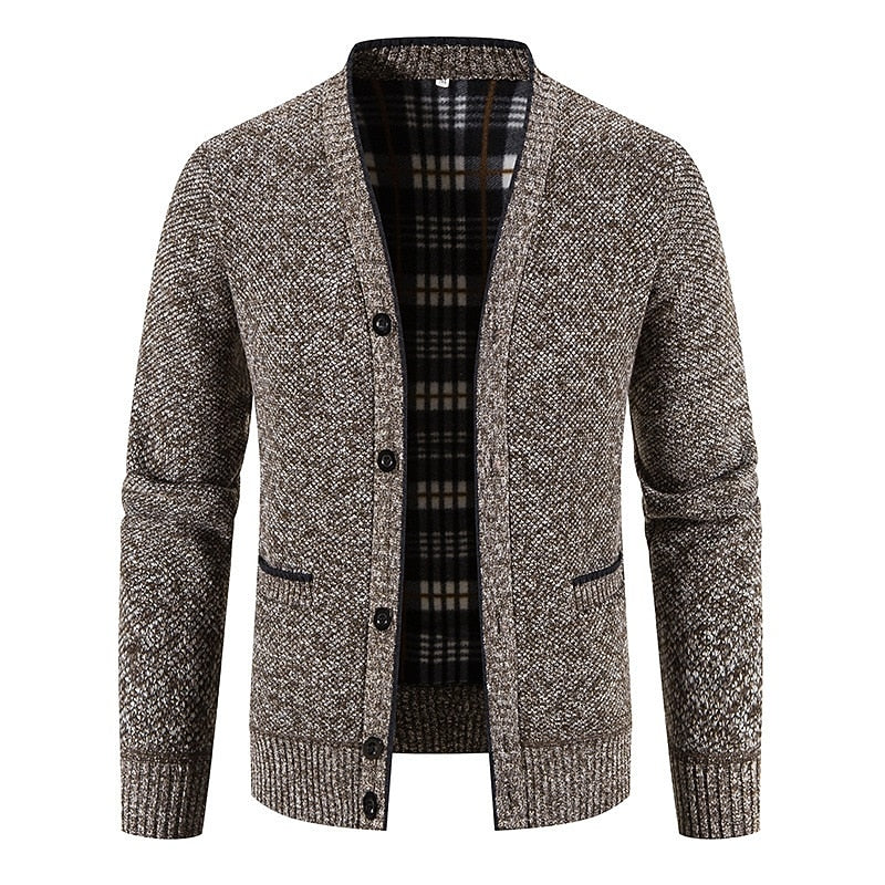 Plaid-Lined Welt Pocket Cardigan