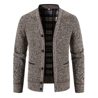 Plaid-Lined Welt Pocket Cardigan