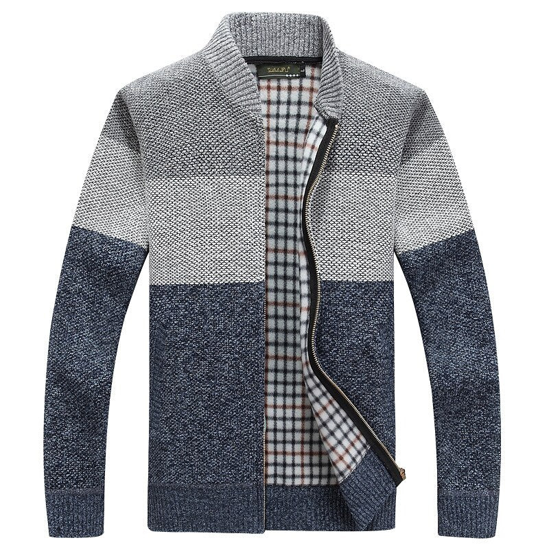 Three-Tone Plaid-Lined Zip Cardigan
