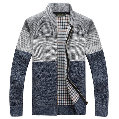 Three-Tone Plaid-Lined Zip Cardigan
