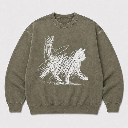 Men's Cat Graphic Washed Crew Neck Sweatshirt