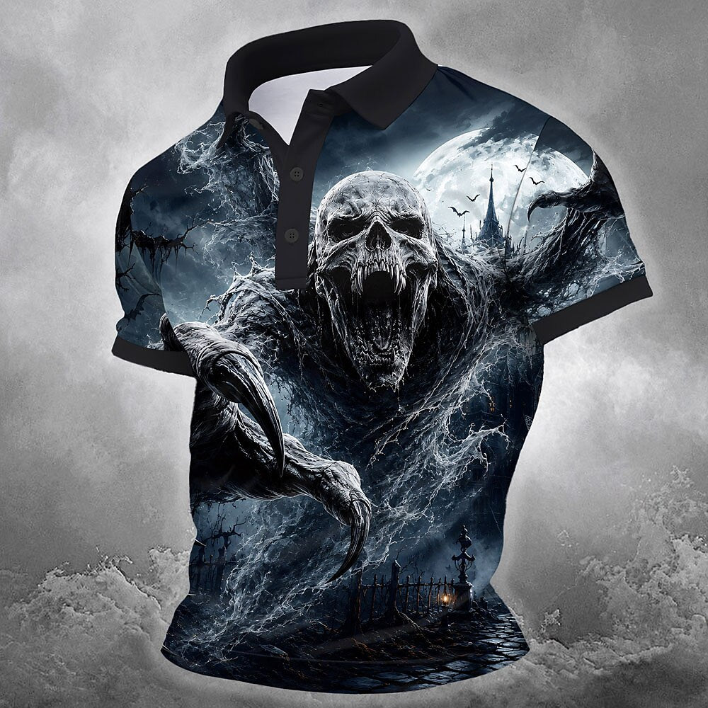Men's Screaming Skull Print Short Sleeve Gothic Polo Shirt