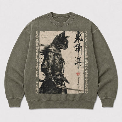 Men's Vintage Japanese Cat Graphic Washed Crew Neck Sweatshirt