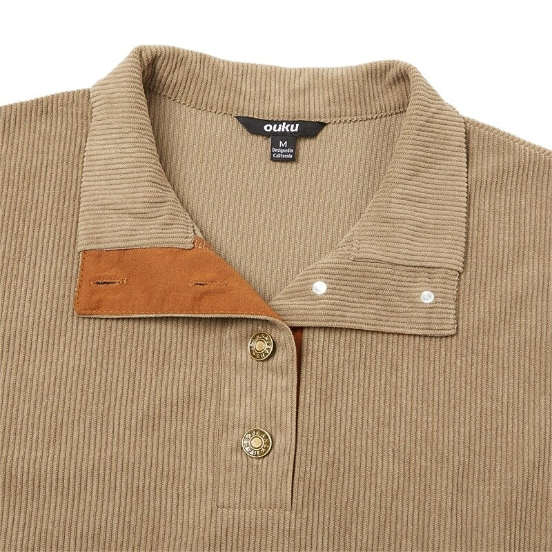 Elbow Patch Corduroy Button-Neck Sweatshirt