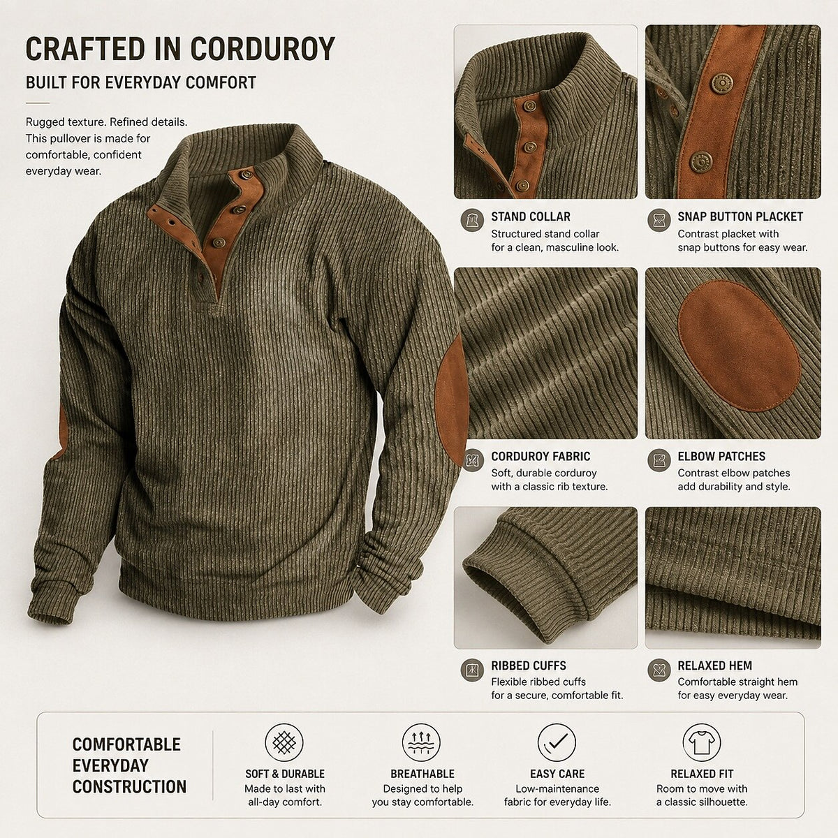 Elbow Patch Corduroy Button-Neck Sweatshirt