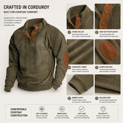 Elbow Patch Corduroy Button-Neck Sweatshirt