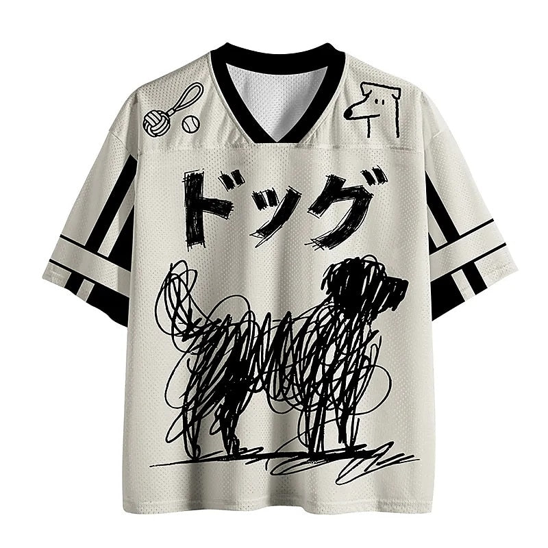 Men's White Dog Number Graphic V-Neck Sports Jersey