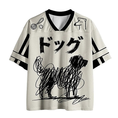 Men's White Dog Number Graphic V-Neck Sports Jersey