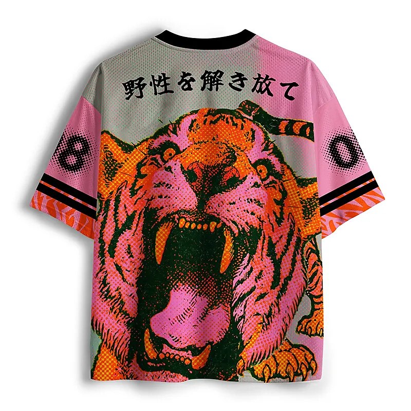 Men's Black Tiger Number Graphic Print Short Sleeve Sports Jersey T-Shirt
