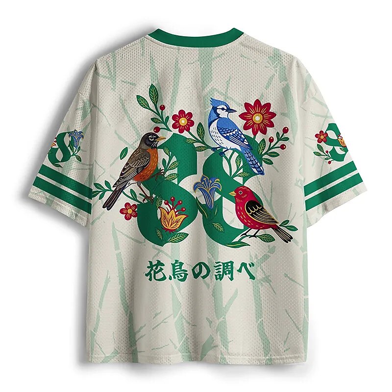 Men's White Bird & Flower Number Graphic Print Short Sleeve Sports Jersey T-Shirt