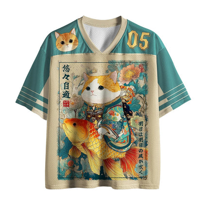 Men's Lucky Cat Japanese Print Short Sleeve Vintage Jersey T-Shirt